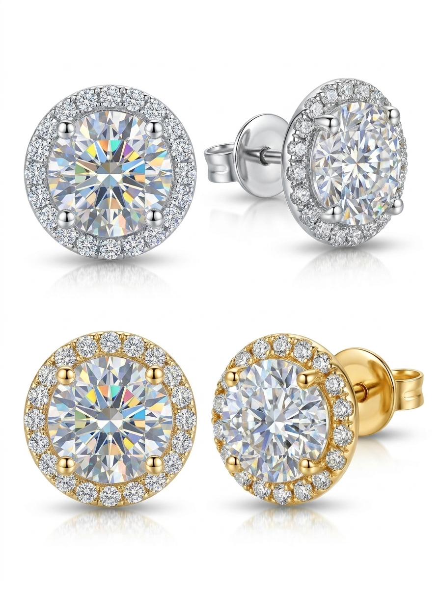 Moissanite Round Halo Stud Earrings