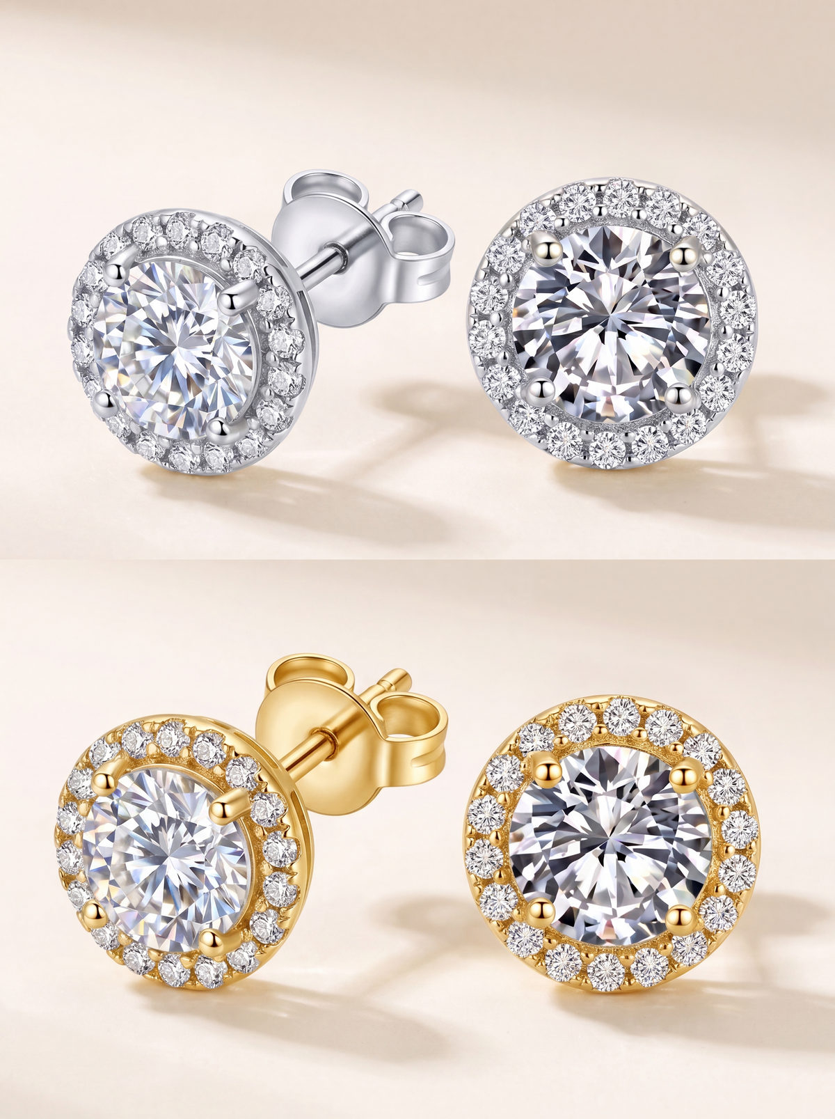 Moissanite round halo stud earrings 1.00ct in S925 sterling silver, Raiment Jewelry & Co.