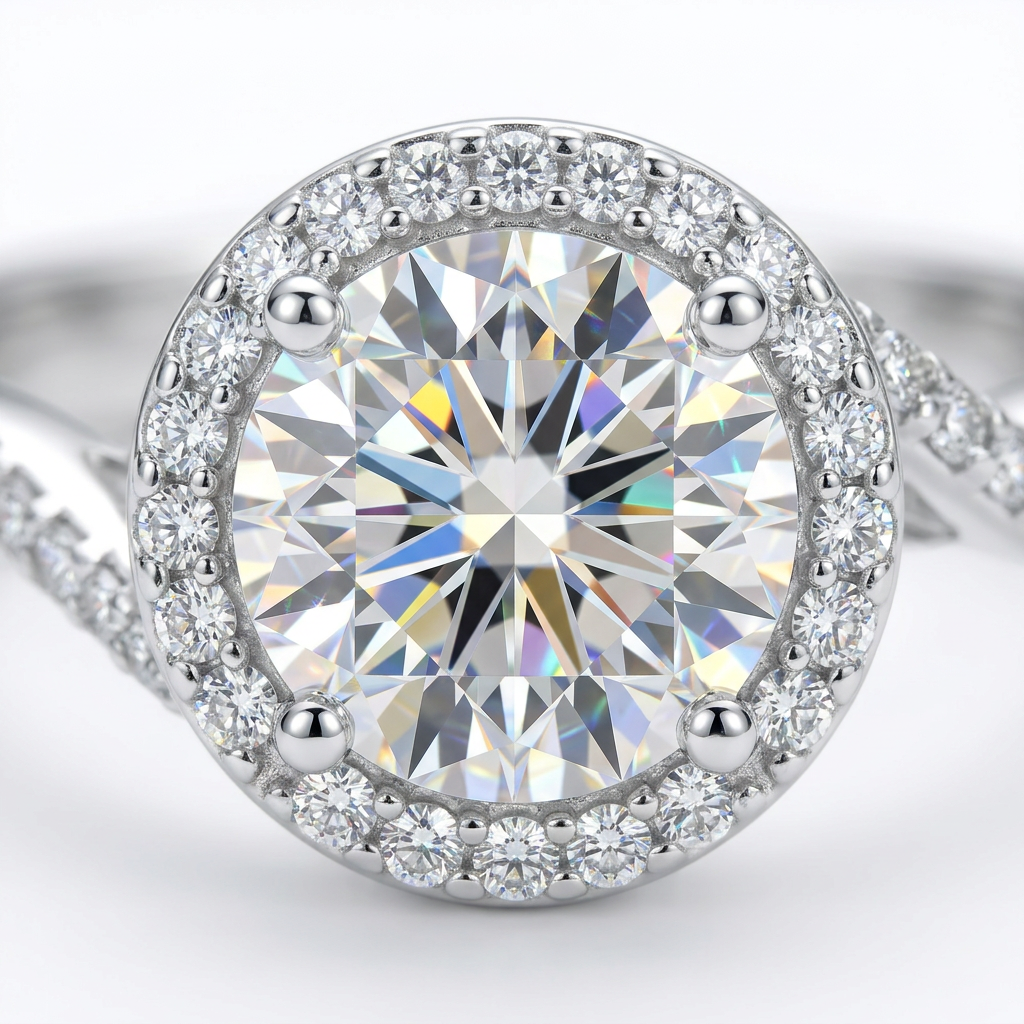 Moissanite Halo Solitaire Ring - stone macro