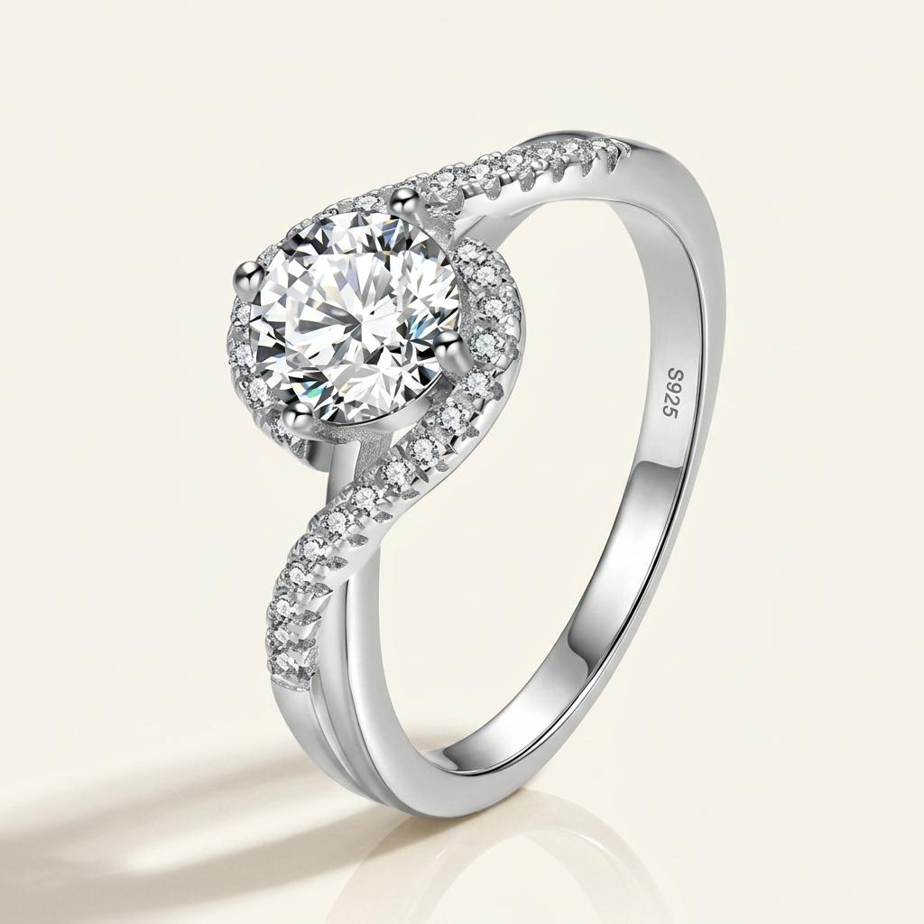 Moissanite Halo Solitaire Ring - beauty angle