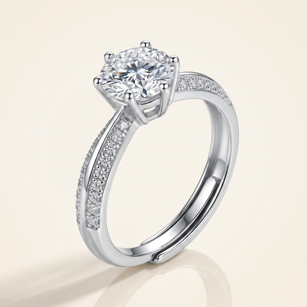 Moissanite Adjustable Pave Solitaire Ring - beauty angle