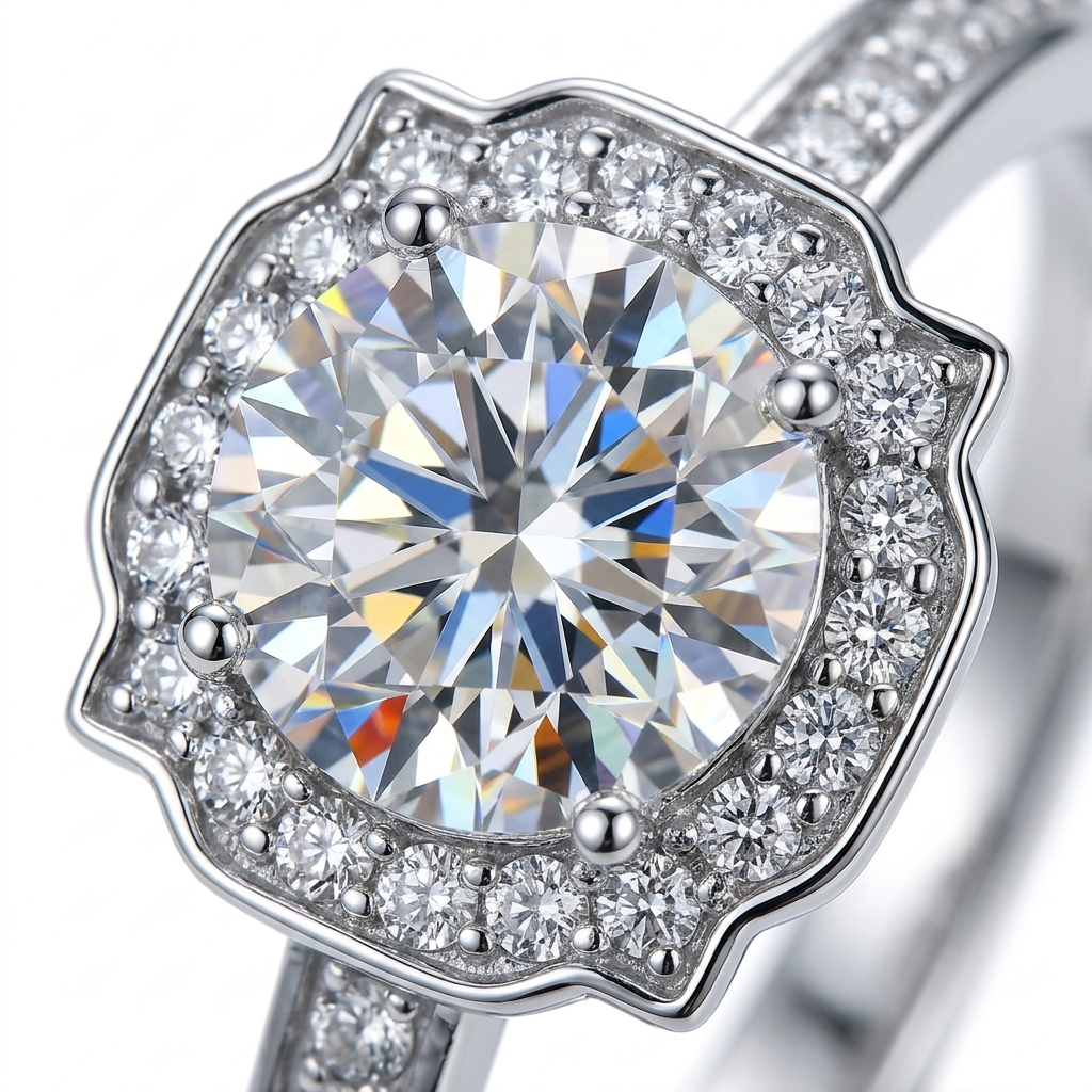 Moissanite Floral Halo Ring - stone macro