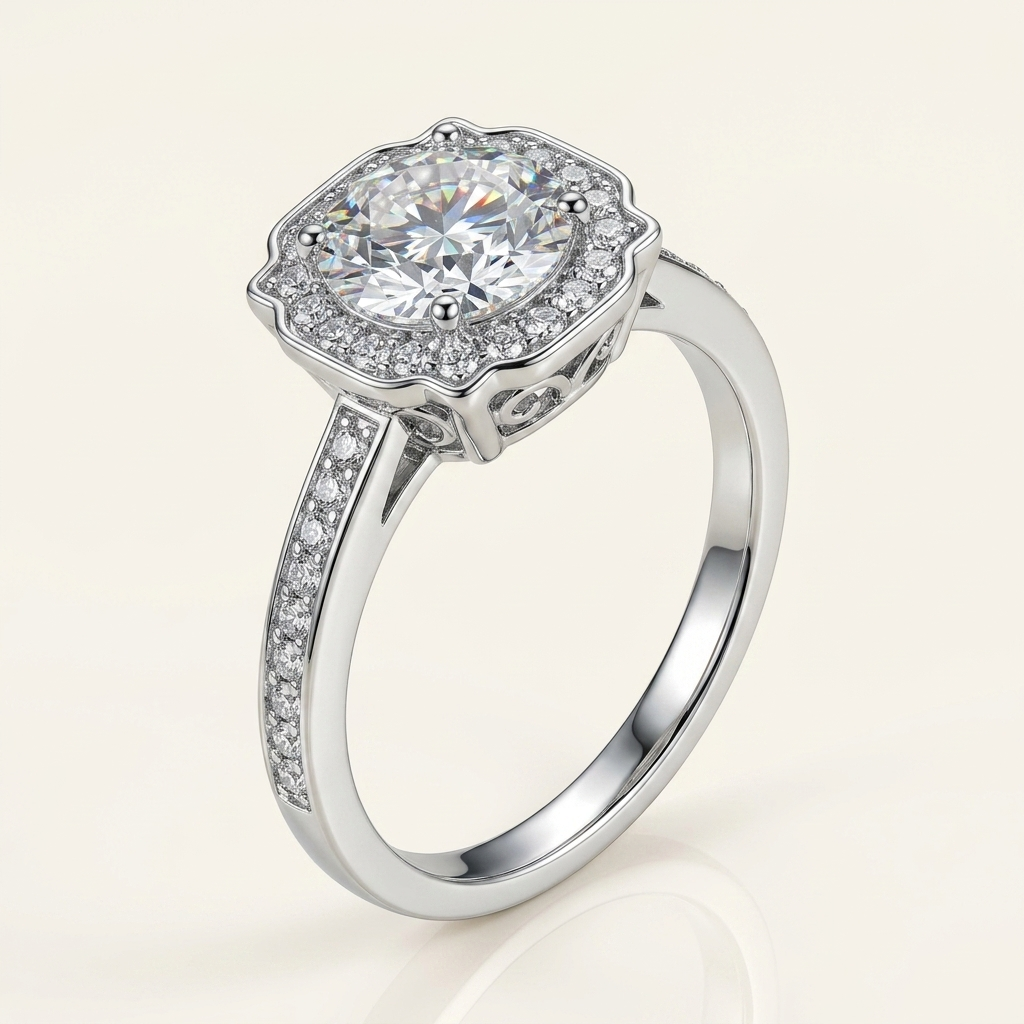 Moissanite Floral Halo Ring - beauty angle