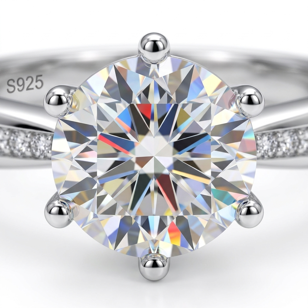 Moissanite 6-Claw Solitaire Ring - stone macro