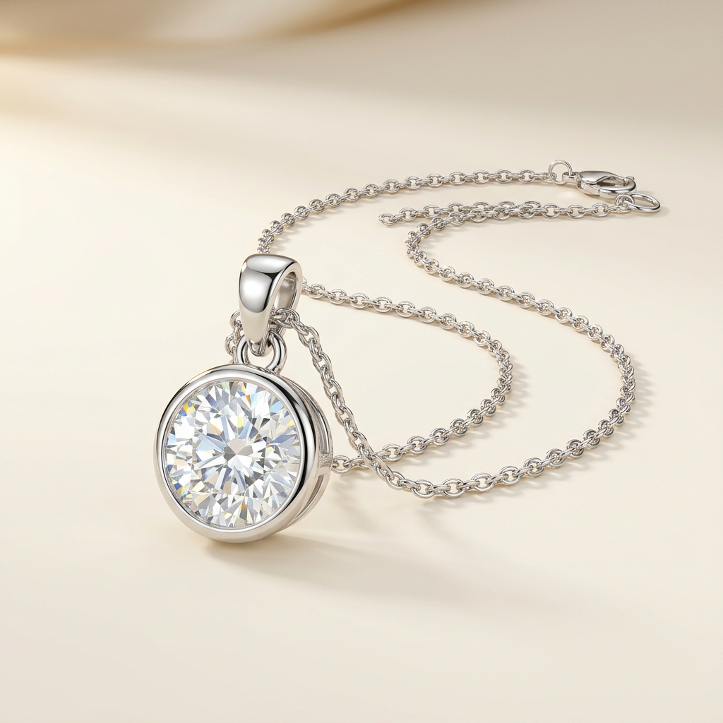 Moissanite Bezel Pendant - beauty on cream