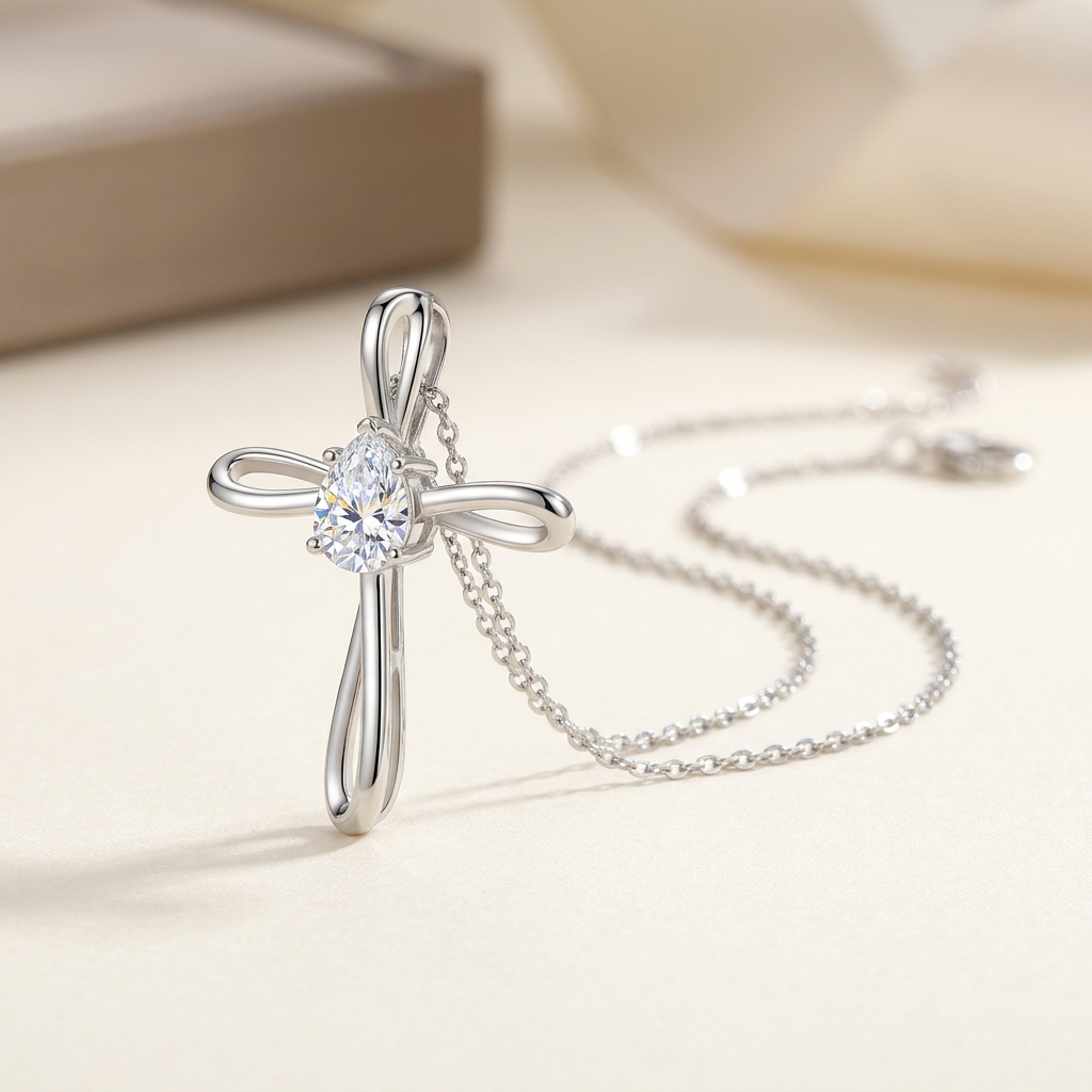 Moissanite Pear Pendant - beauty on cream