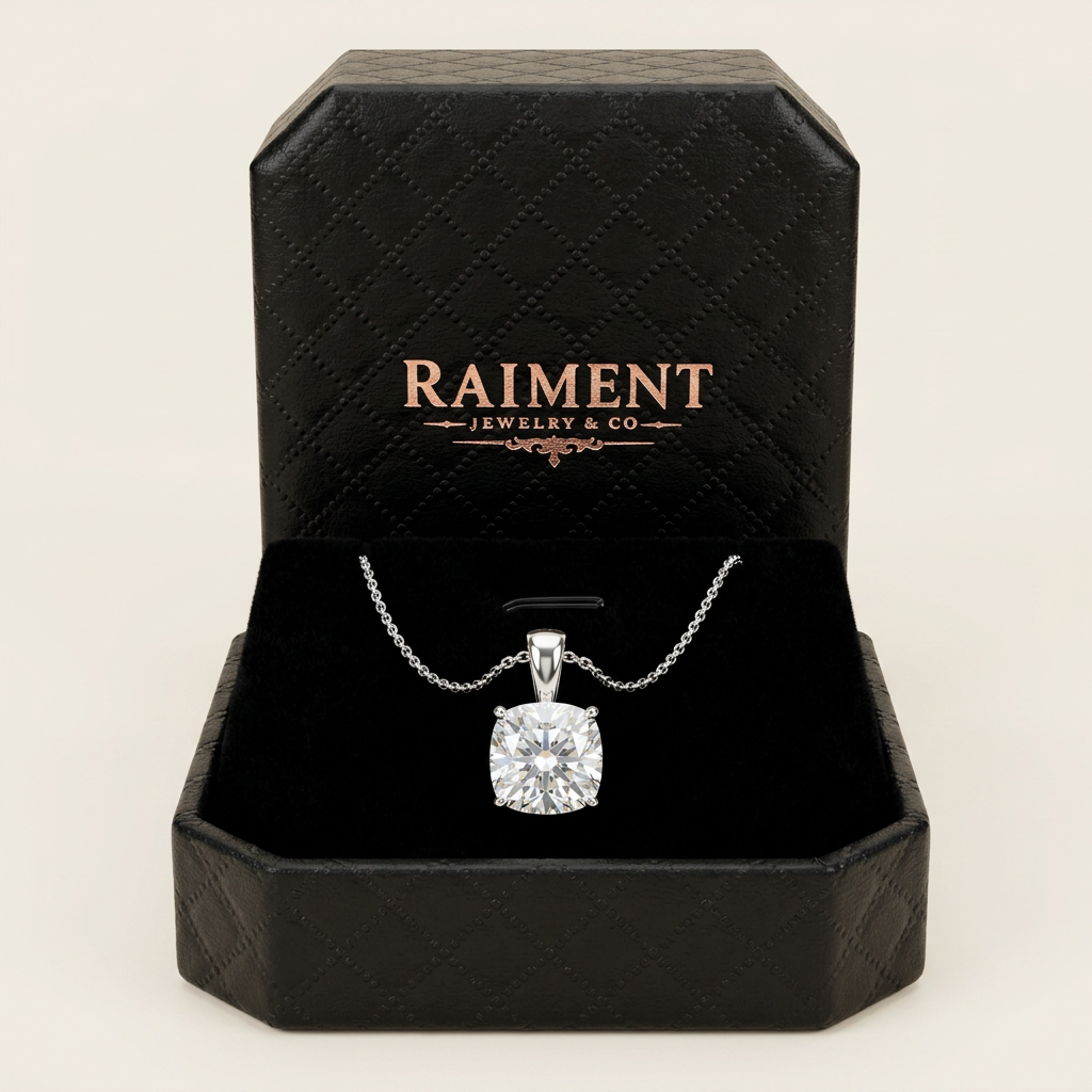 Moissanite Cushion Pendant - in Raiment box