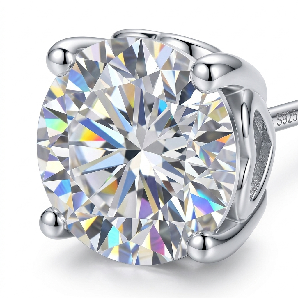 Moissanite 4-Claw Round Stud Earrings - stone macro