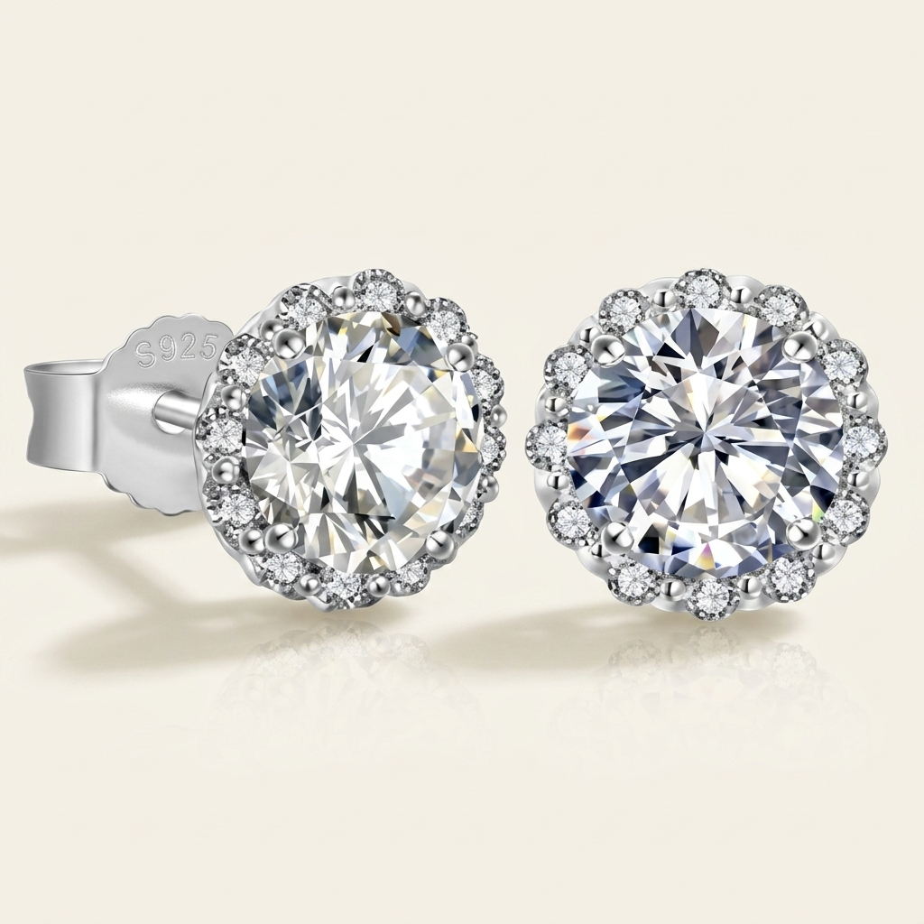 Moissanite Halo Solitaire Stud Earrings — cream beauty