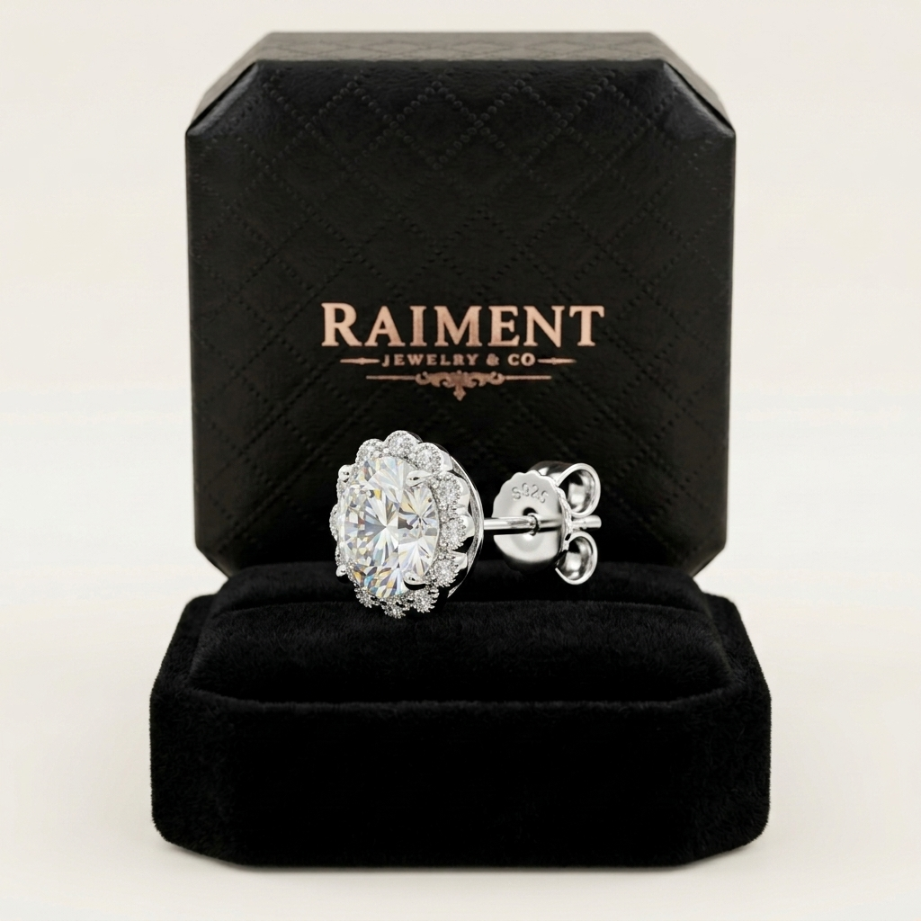 Moissanite Halo Solitaire Stud Earrings in Raiment box