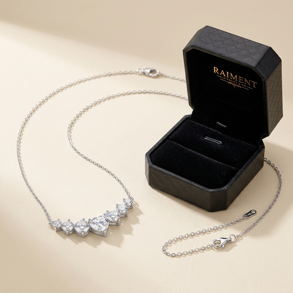 Moissanite graduated cluster necklace styled beside jewelry box on cream, Raiment Jewelry & Co.