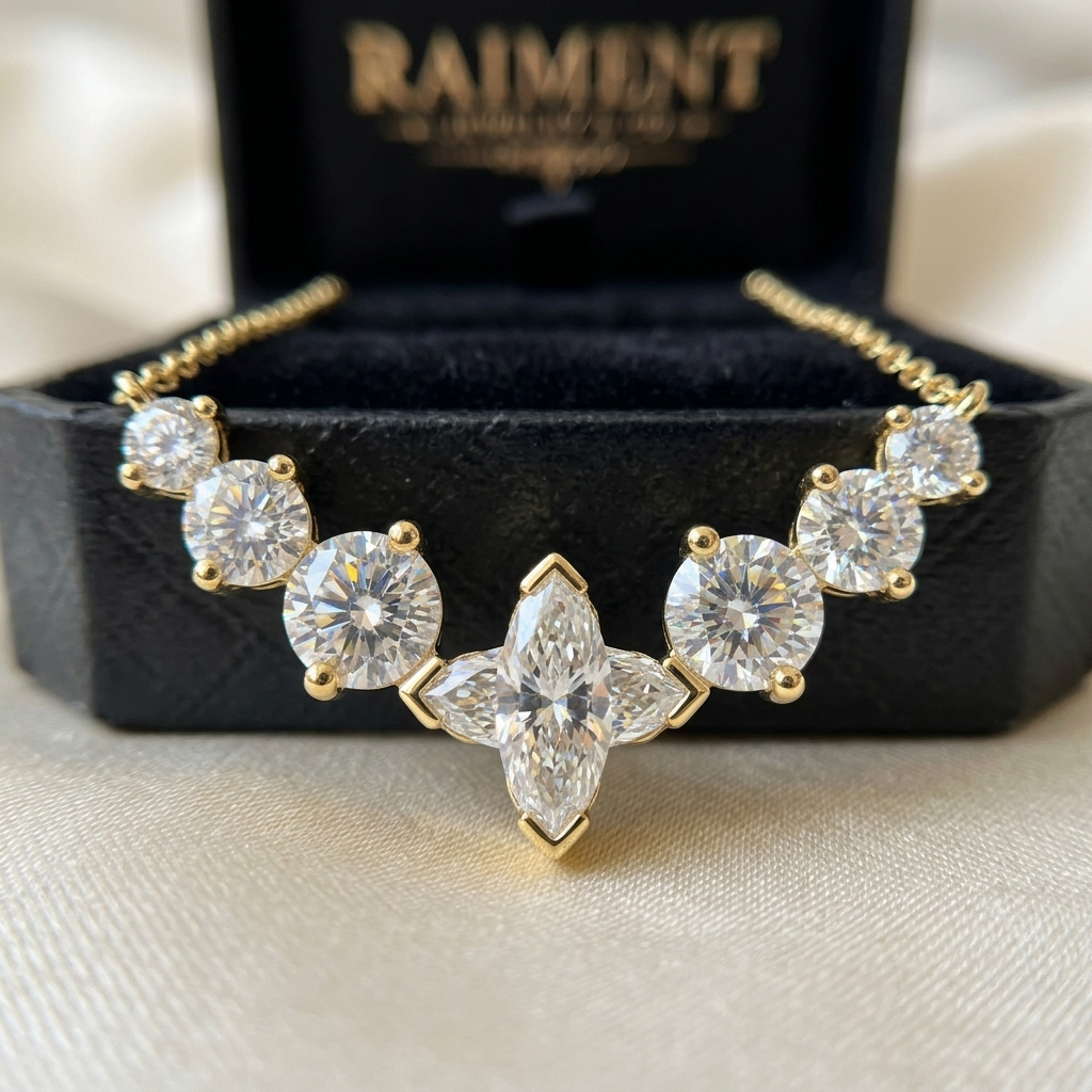Moissanite chevron cluster necklace pendant macro close-up, Raiment Jewelry & Co.