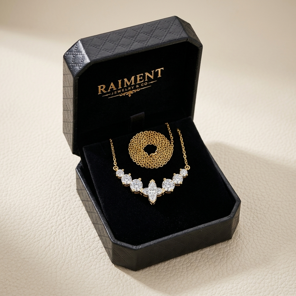 Moissanite chevron cluster necklace inside open jewelry box, Raiment Jewelry & Co.