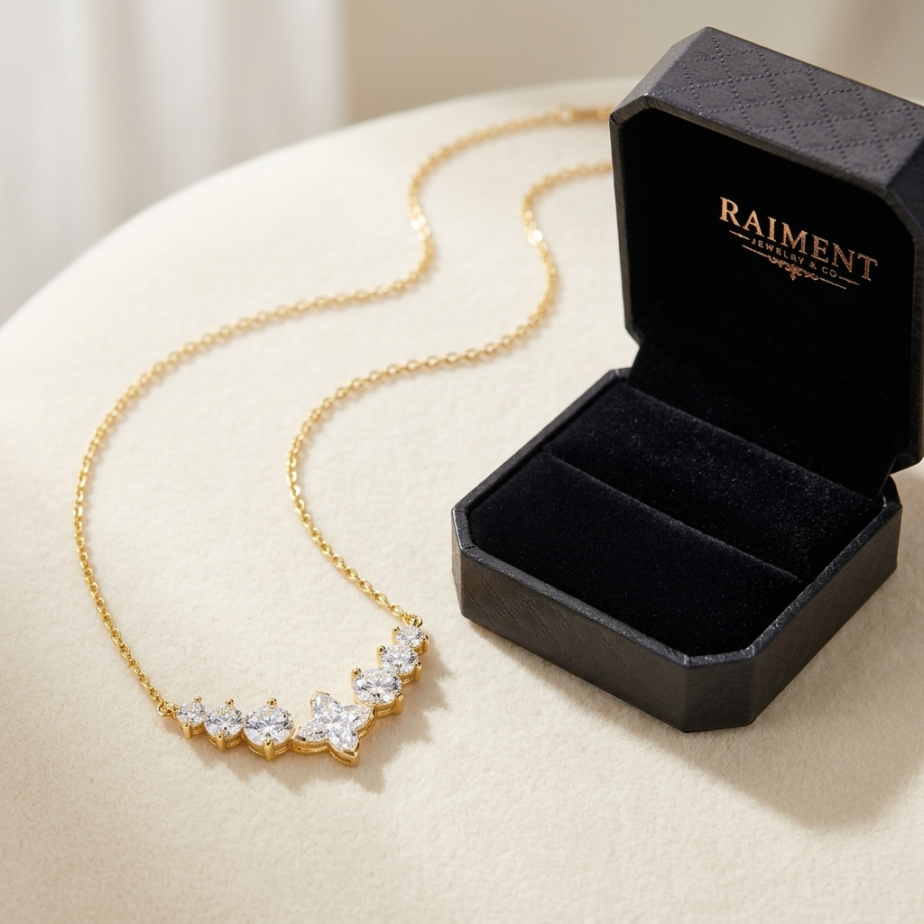 Moissanite chevron cluster necklace styled beside jewelry box on cream, Raiment Jewelry & Co.