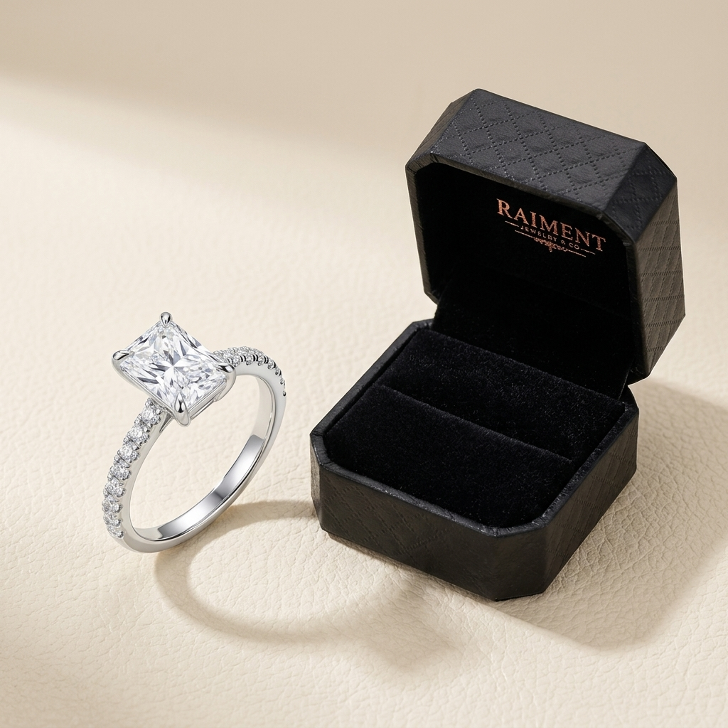 Moissanite twist accent band ring styled beside jewelry box on cream, Raiment Jewelry & Co.