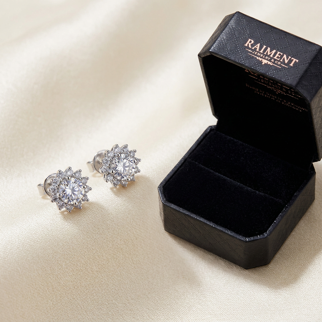 Raiment Jewelry & Co. 0.50ct moissanite solitaire stud earrings beside open jewelry box on cream background
