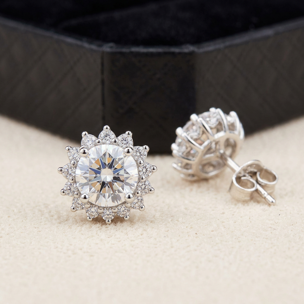 0.50ct moissanite solitaire stud earrings macro close-up showing brilliant-cut stone, Raiment Jewelry & Co.