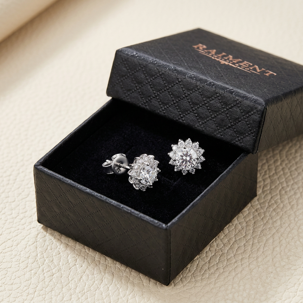 0.50ct moissanite solitaire stud earrings inside open jewelry box, Raiment Jewelry & Co.