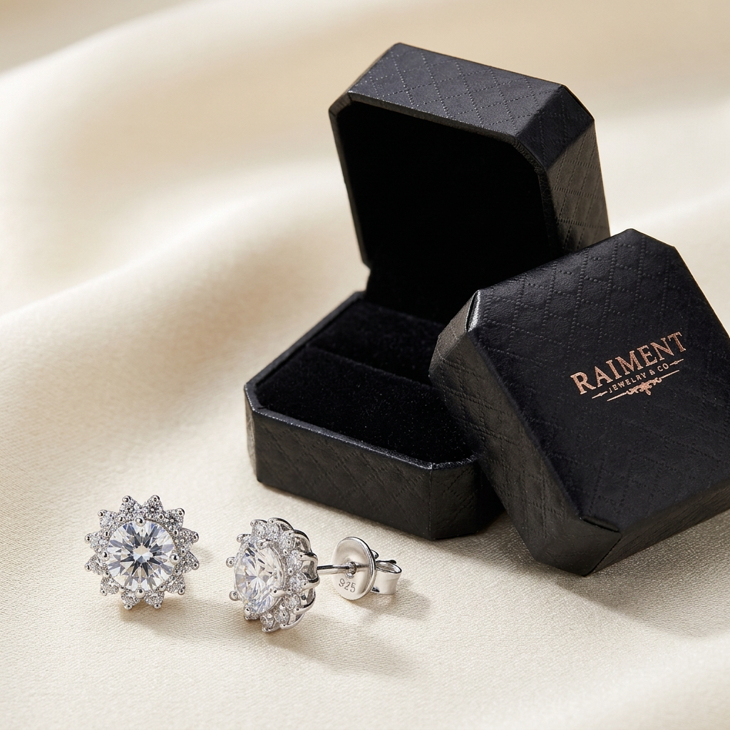 0.50ct moissanite solitaire stud earrings styled beside jewelry box on cream, Raiment Jewelry & Co.