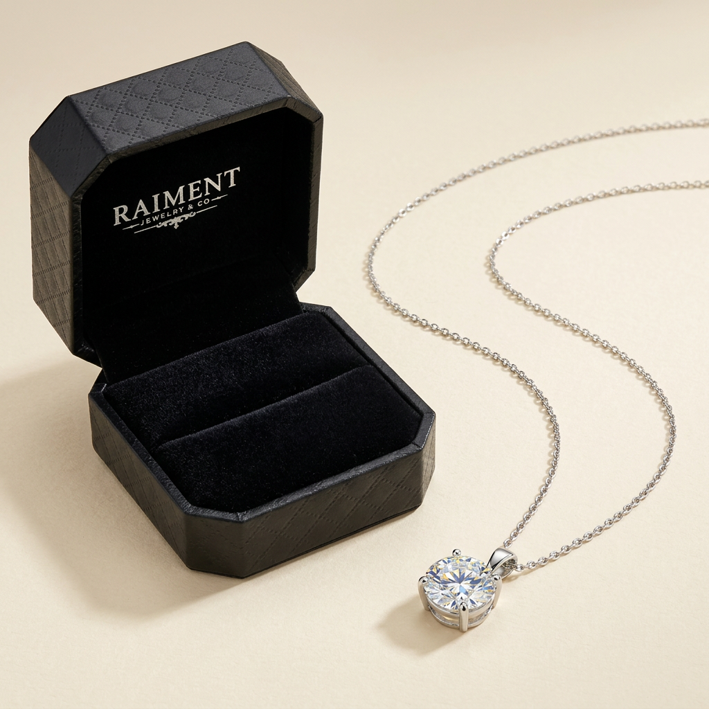 Raiment Jewelry & Co. moissanite round solitaire pendant necklace beside open jewelry box on cream background