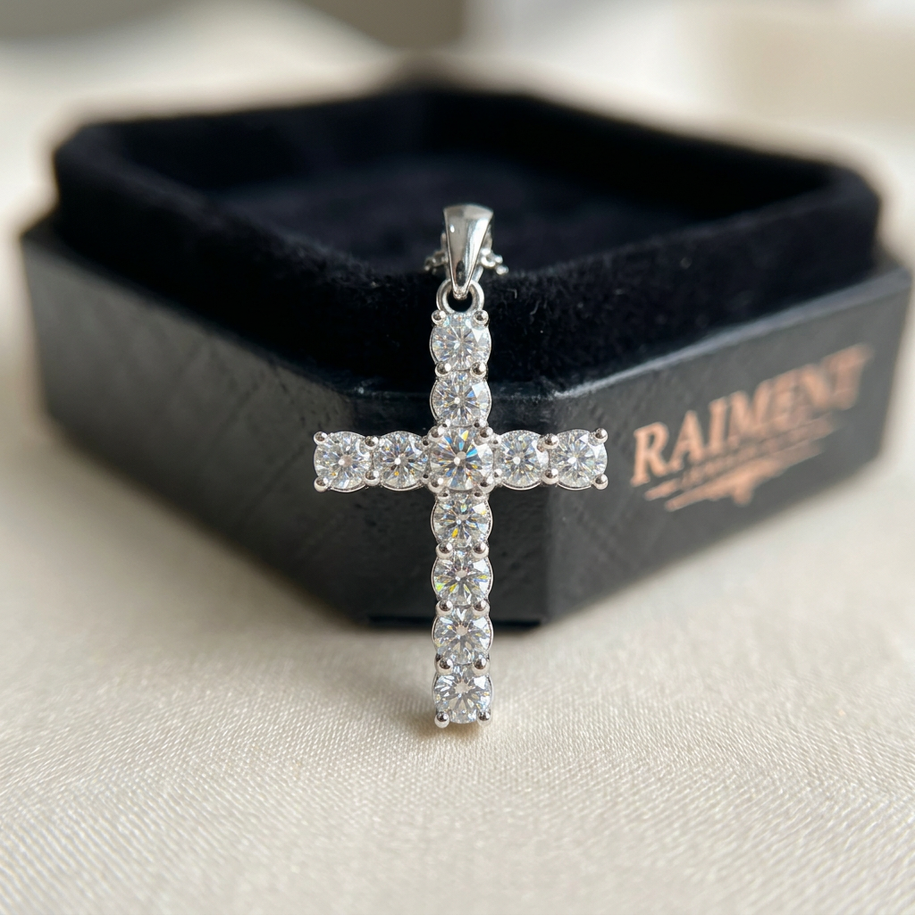 Moissanite round solitaire pendant macro close-up, Raiment Jewelry & Co.