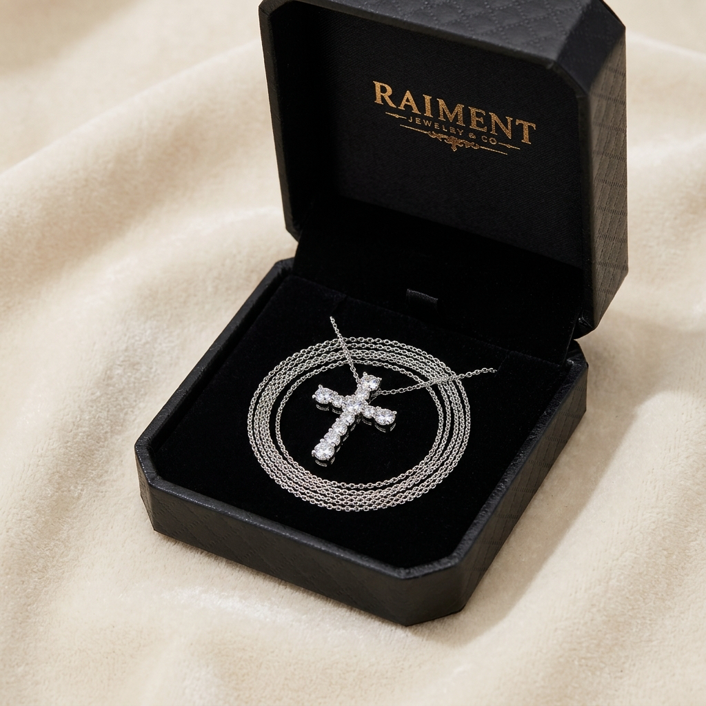 Moissanite round solitaire pendant necklace inside open jewelry box, Raiment Jewelry & Co.
