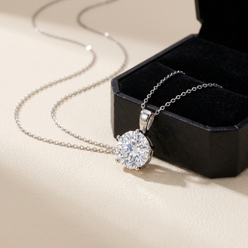 Moissanite round solitaire pendant necklace styled beside jewelry box on cream, Raiment Jewelry & Co.