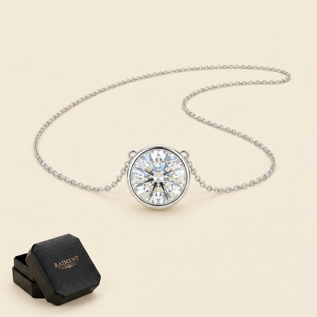 Moissanite round solitaire pendant necklace on cream background, Raiment Jewelry & Co.