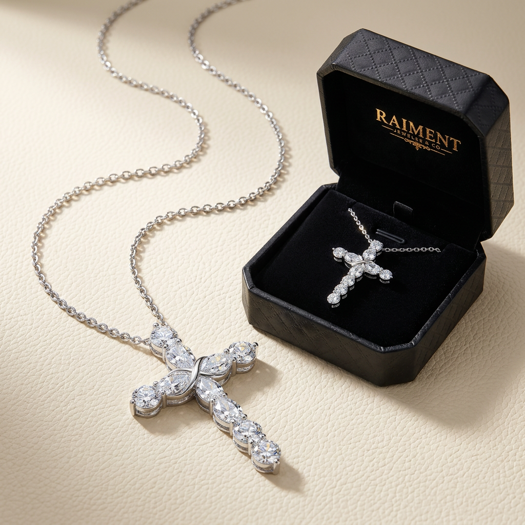 Moissanite teardrop pendant necklace styled beside jewelry box on cream, Raiment Jewelry & Co.