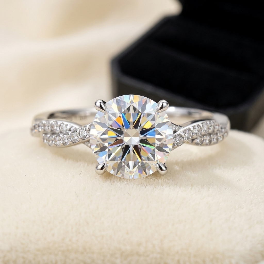 Moissanite 4-claw solitaire ring 1ct macro close-up, Raiment Jewelry & Co.