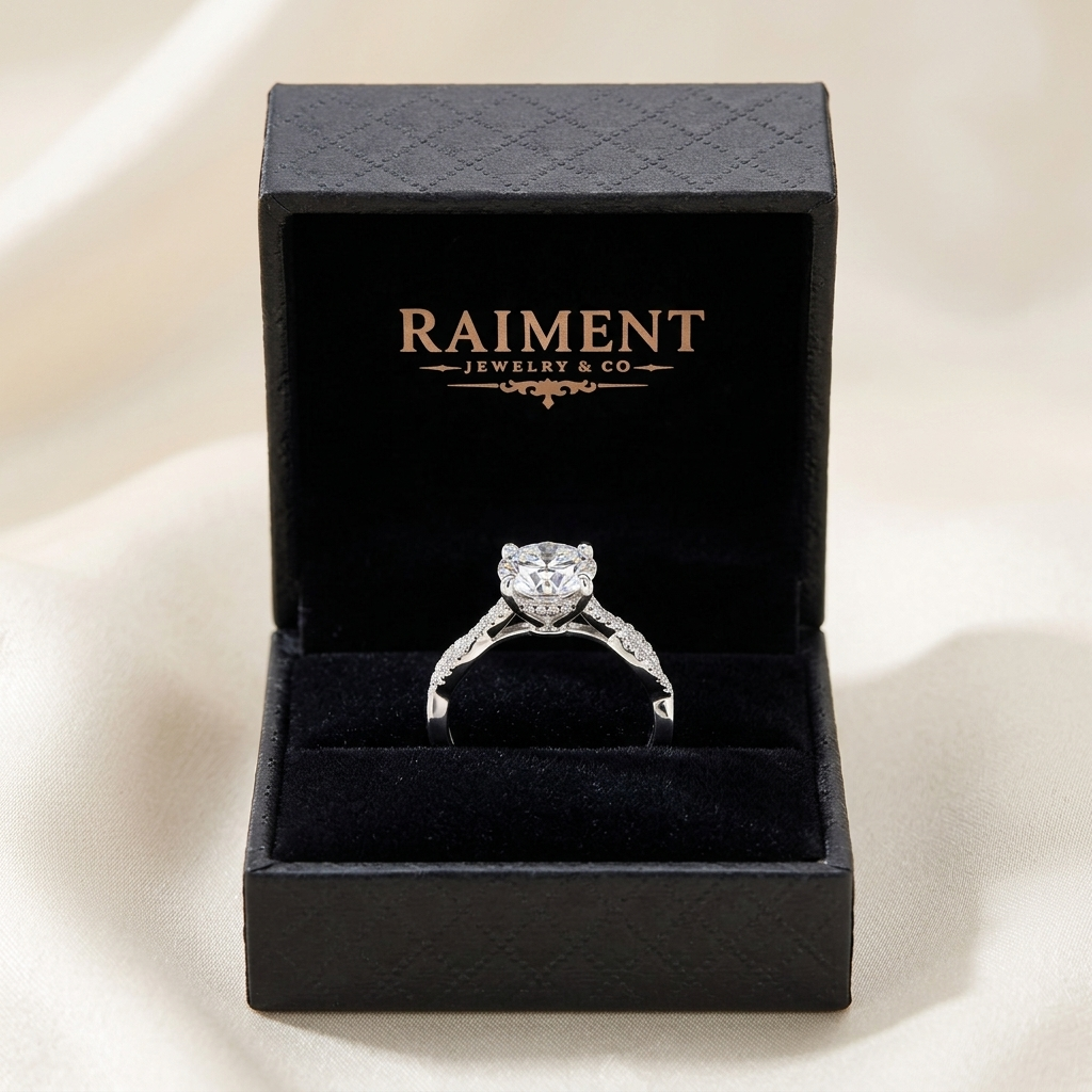 Moissanite 4-claw solitaire ring inside open jewelry box, Raiment Jewelry & Co.