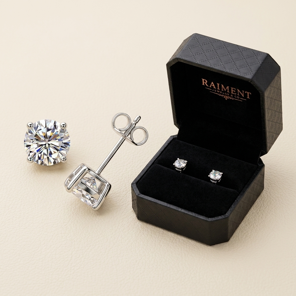 Raiment Jewelry & Co. moissanite 4-claw solitaire stud earrings beside open jewelry box on cream background