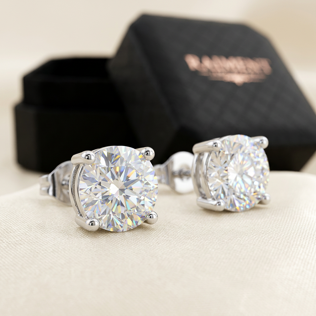 Moissanite 4-claw solitaire stud earrings in S925 sterling silver, Raiment Jewelry & Co.