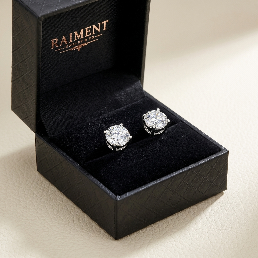 Moissanite 4-claw solitaire stud earrings inside open jewelry box, Raiment Jewelry & Co.