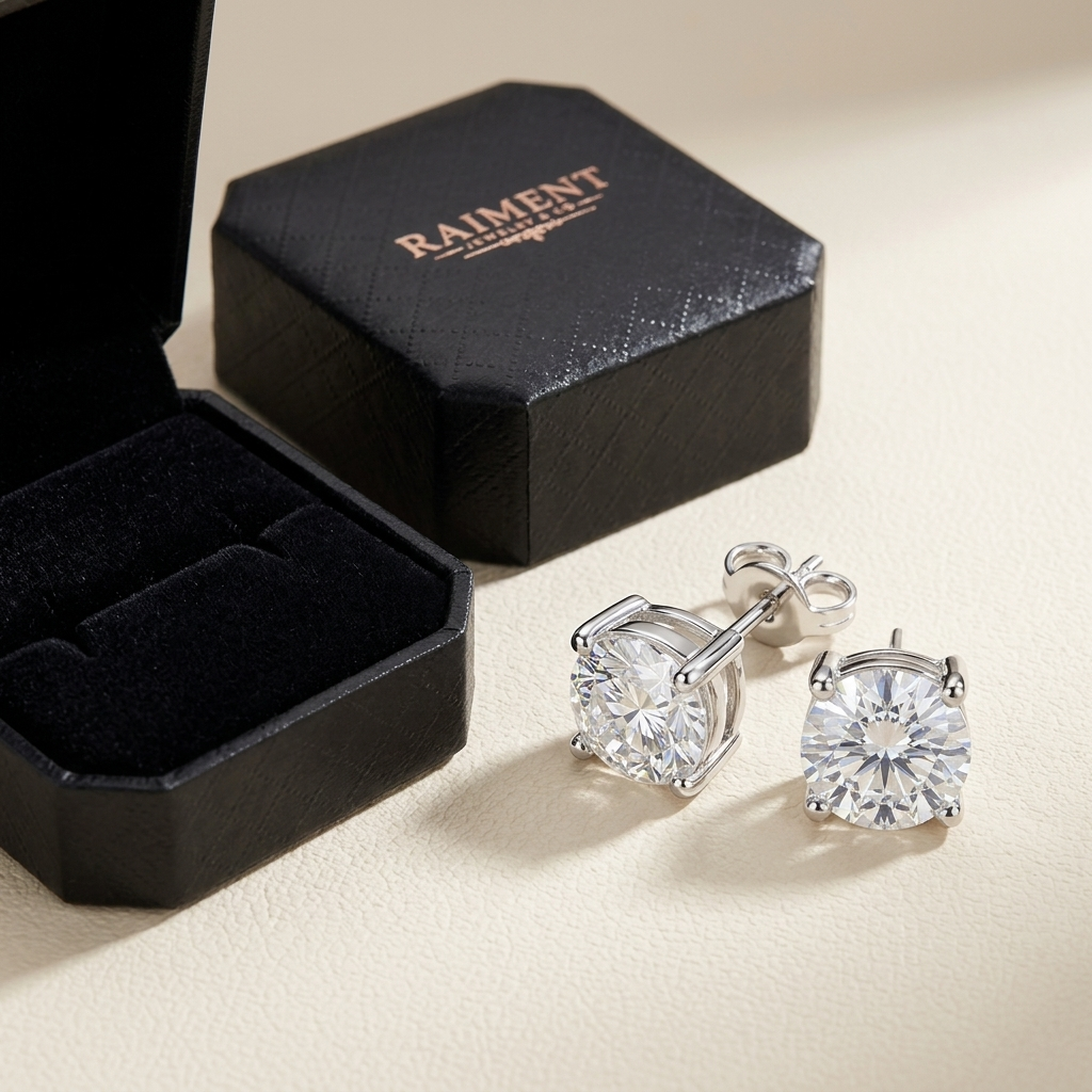 Moissanite 4-claw solitaire stud earrings styled beside jewelry box on cream, Raiment Jewelry & Co.
