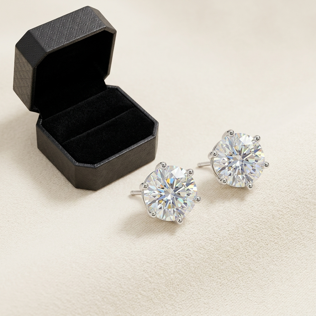 Raiment Jewelry & Co. moissanite 6-claw solitaire stud earrings beside open jewelry box on cream background