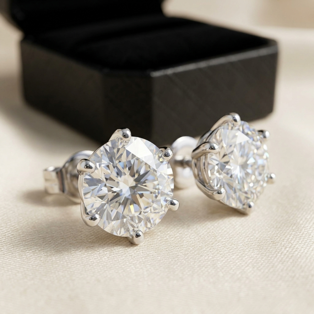 Moissanite 6-claw solitaire stud earrings macro close-up, Raiment Jewelry & Co.