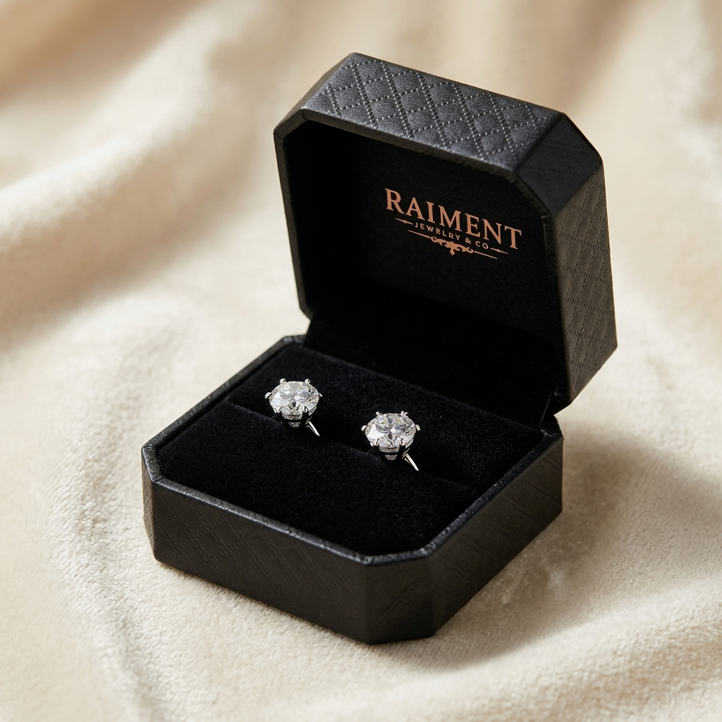 Moissanite 6-claw solitaire stud earrings inside open jewelry box, Raiment Jewelry & Co.