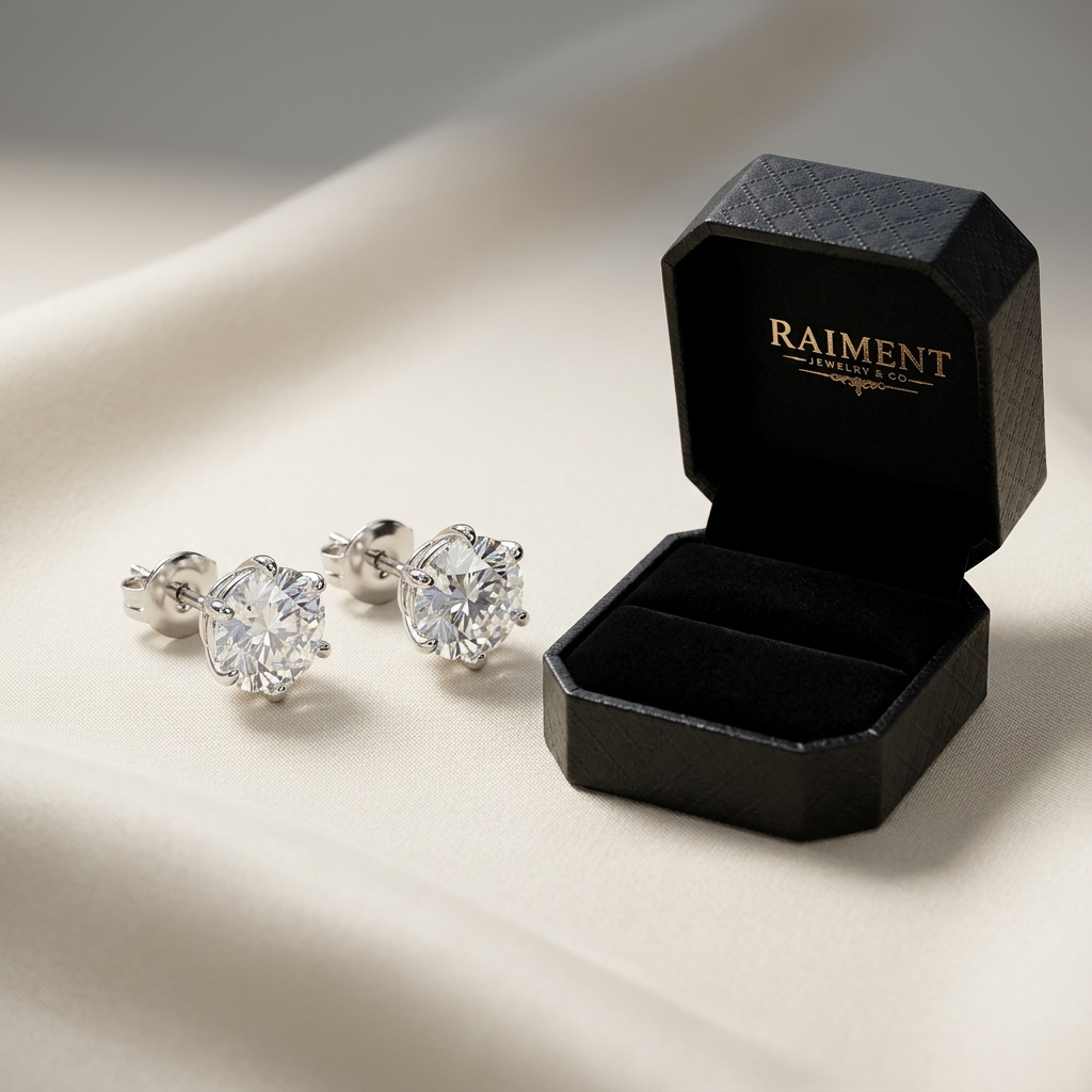 Moissanite 6-claw solitaire stud earrings styled beside jewelry box on cream, Raiment Jewelry & Co.