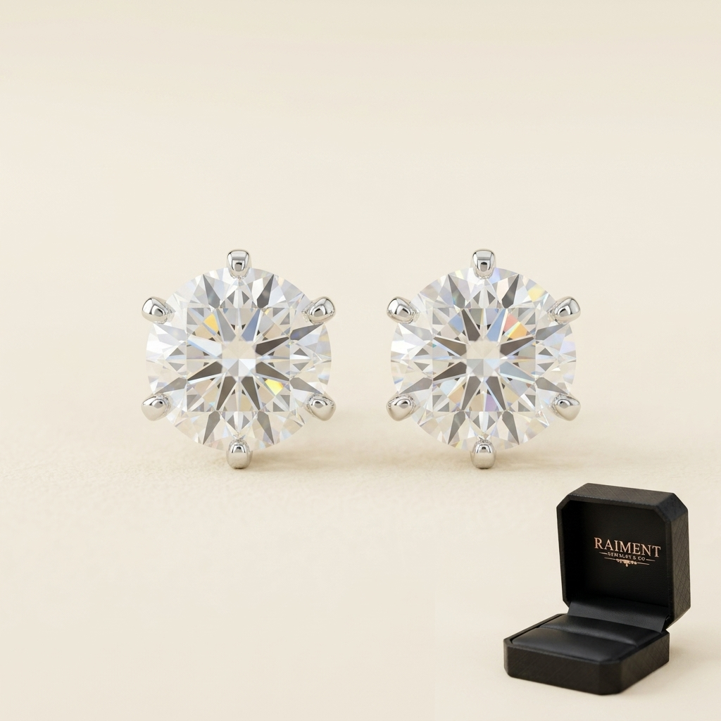 Moissanite 6-claw solitaire stud earrings on cream background, Raiment Jewelry & Co.