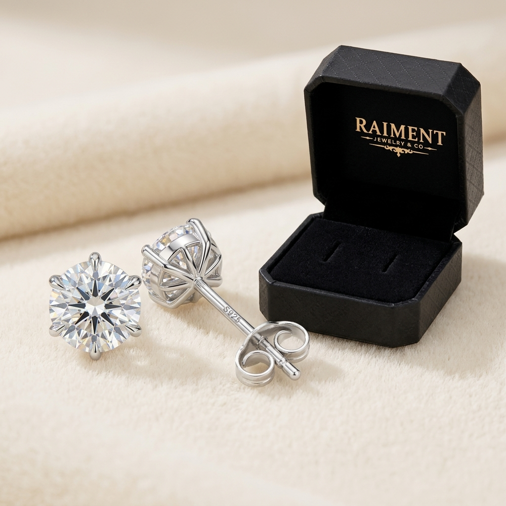 Raiment Jewelry & Co. moissanite 6-claw sharp-prong stud earrings beside open jewelry box on cream background