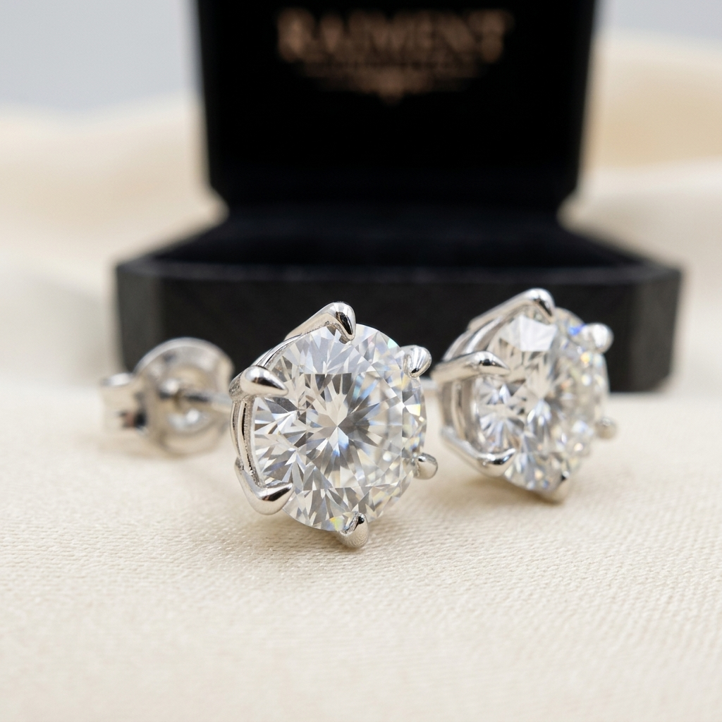 Moissanite 6-claw sharp-prong stud earrings macro close-up, Raiment Jewelry & Co.