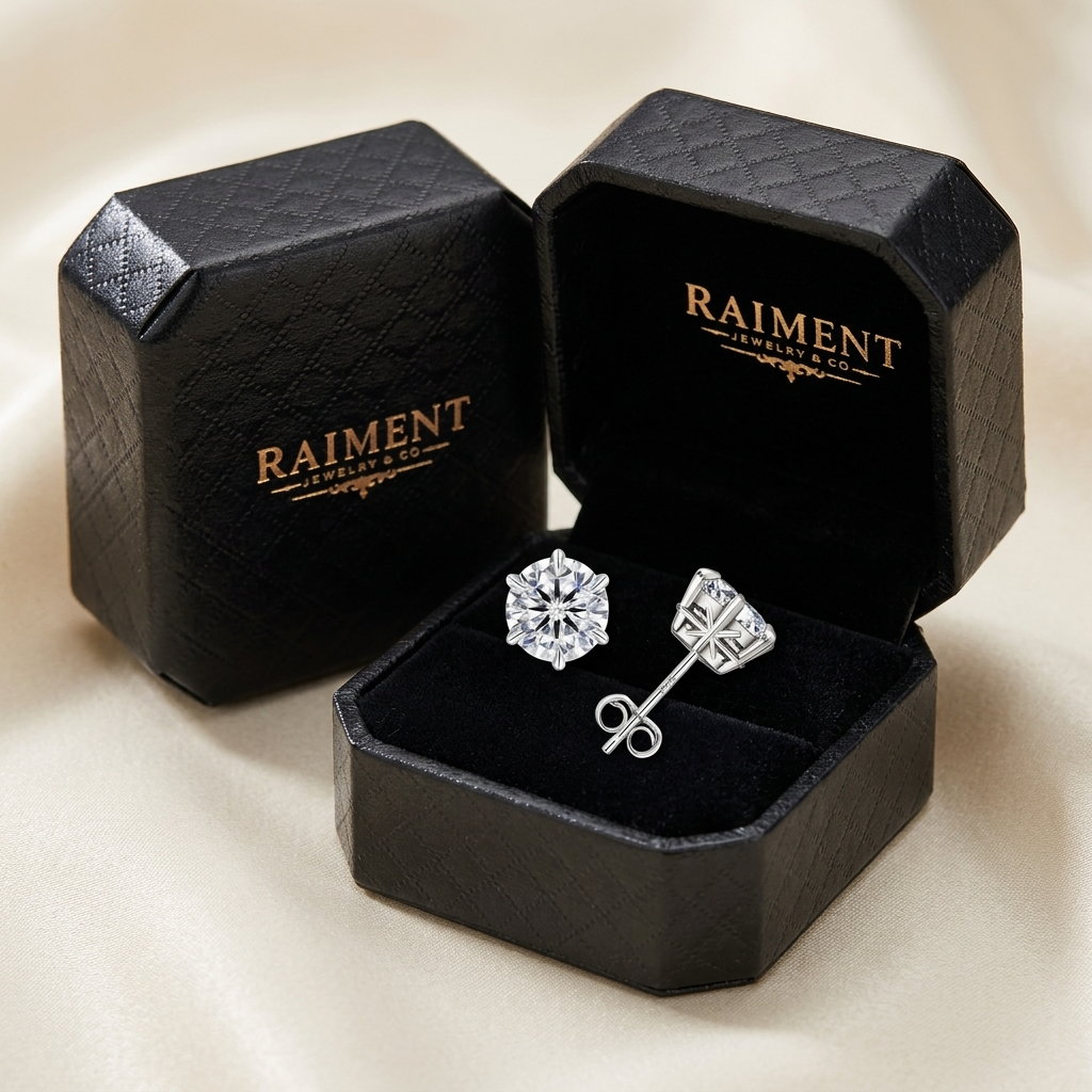 Moissanite 6-claw sharp-prong stud earrings inside open jewelry box, Raiment Jewelry & Co.