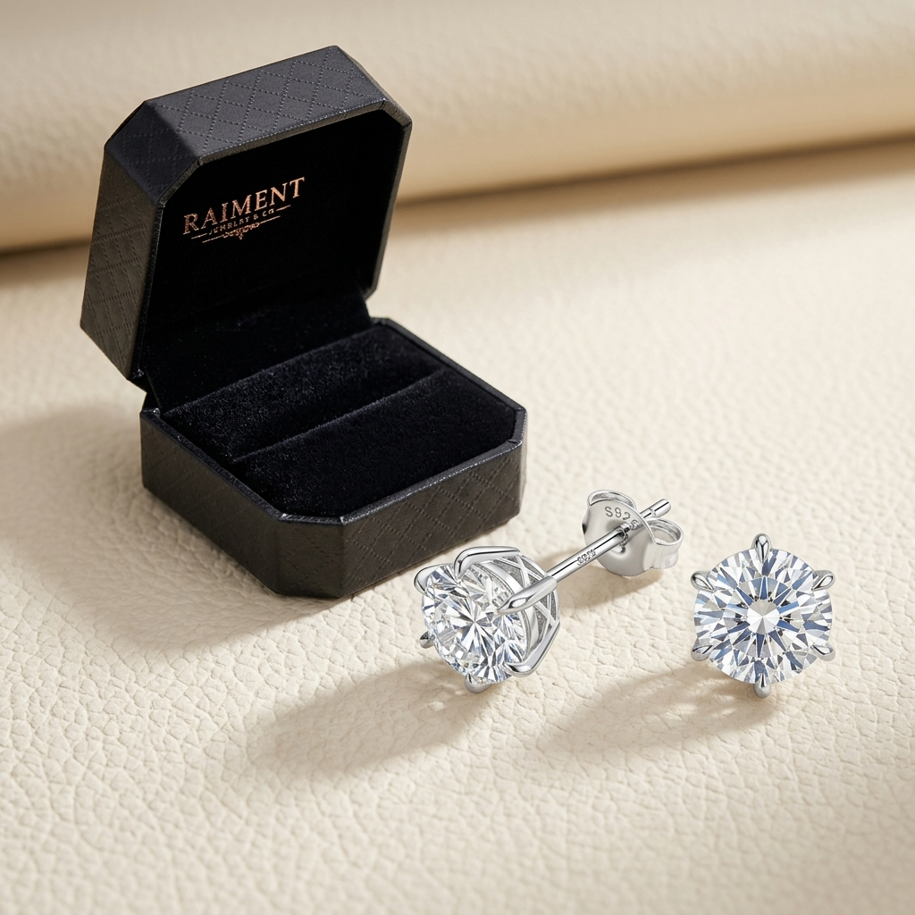 Moissanite 6-claw sharp-prong stud earrings styled beside jewelry box on cream, Raiment Jewelry & Co.