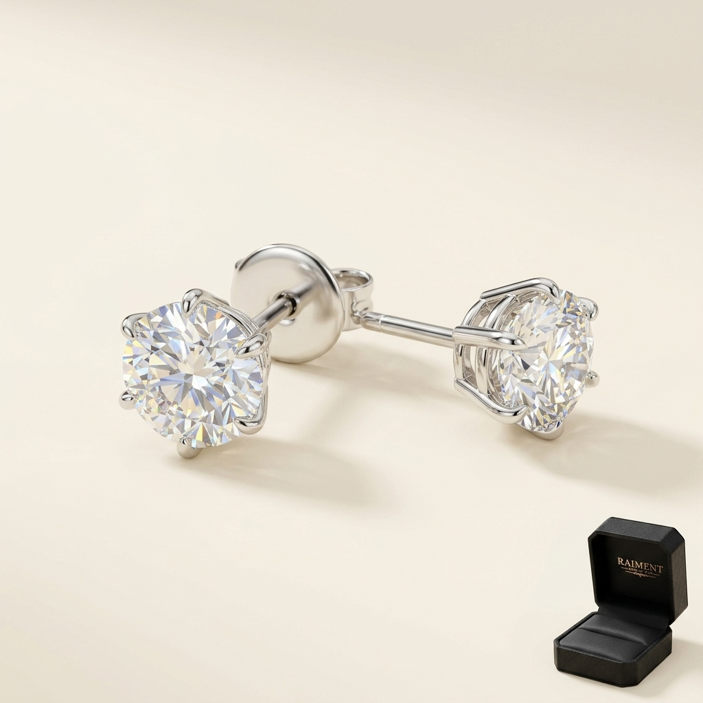 Moissanite 6-claw sharp-prong stud earrings on cream background, Raiment Jewelry & Co.