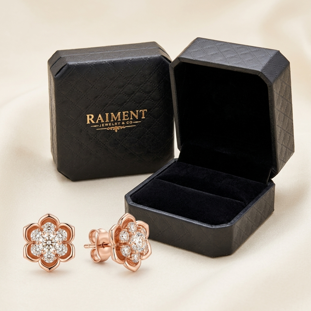 Raiment Jewelry & Co. moissanite rose flower stud earrings beside open jewelry box on cream background