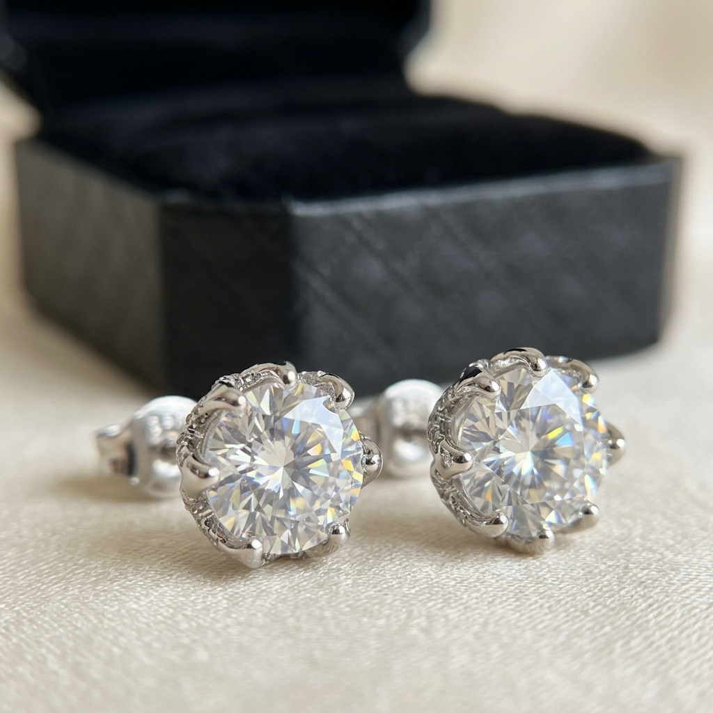 Moissanite rose flower stud earrings macro close-up, Raiment Jewelry & Co.