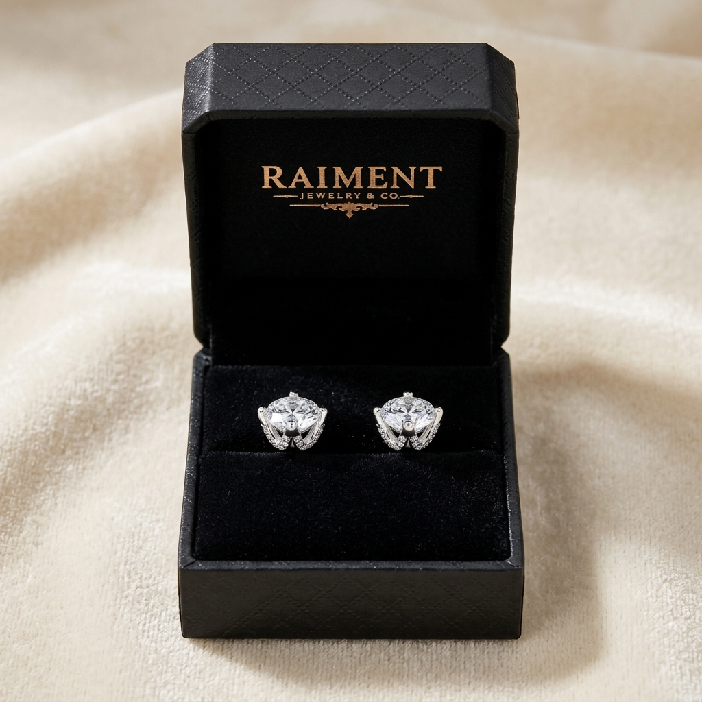 Moissanite rose flower stud earrings inside open jewelry box, Raiment Jewelry & Co.