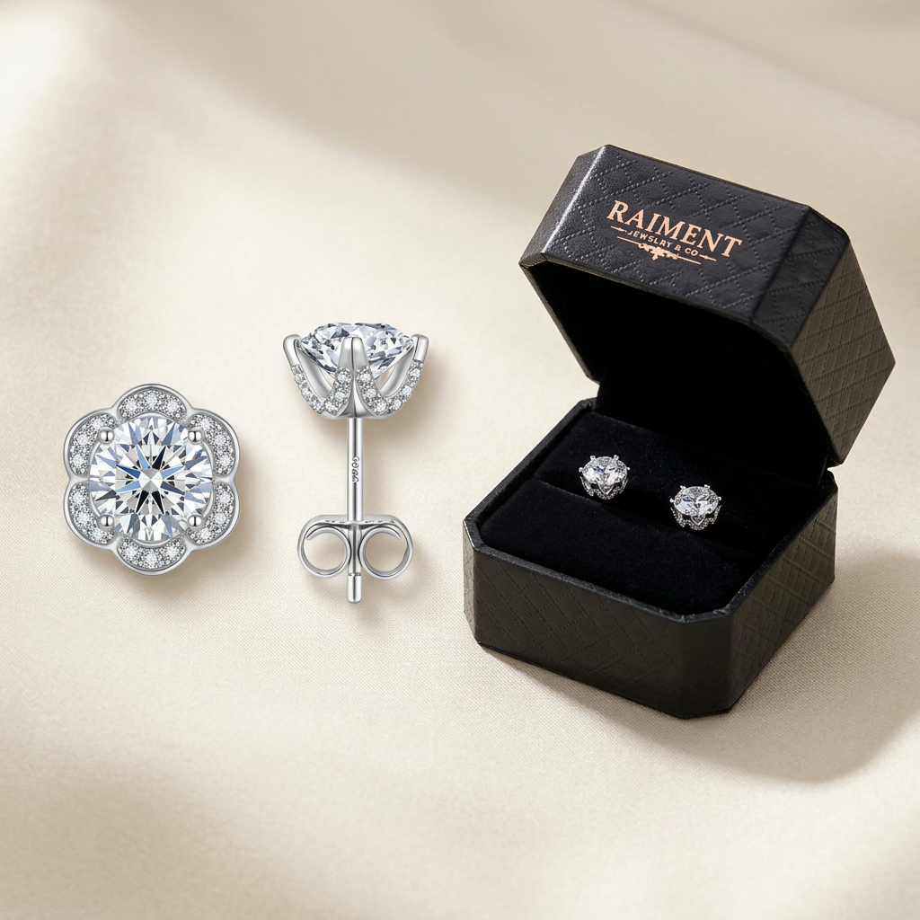 Moissanite rose flower stud earrings styled beside jewelry box on cream, Raiment Jewelry & Co.