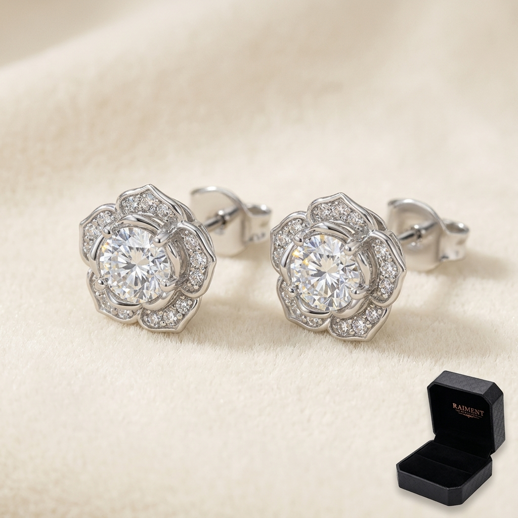 Moissanite rose flower stud earrings on cream background, Raiment Jewelry & Co.